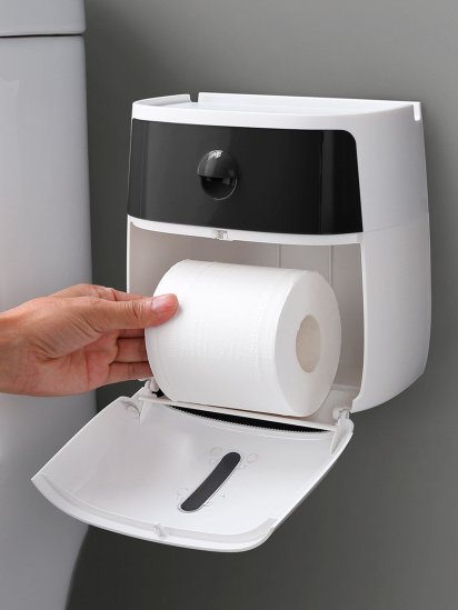 МВМ MY HOME ­Держатель для туалетной бумаги с полочкой клеящийся белый с черным модель BP-16 WHITE/BLACK — фото - INTERTOP