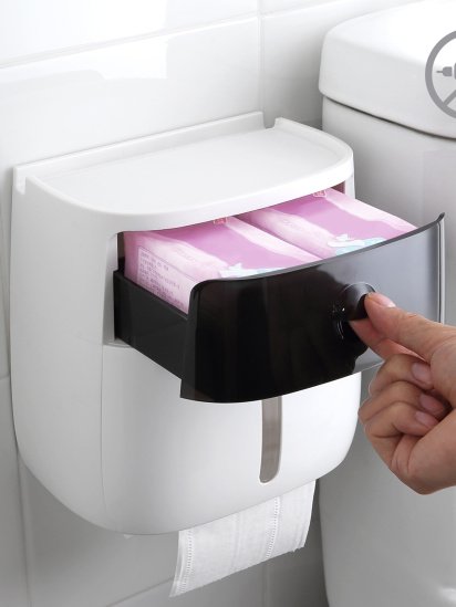 МВМ MY HOME ­Тримач для туалетного паперу з поличкою клейкий білий з чорним модель BP-16 WHITE/BLACK — фото 3 - INTERTOP