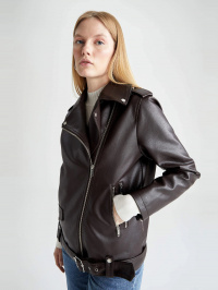Темно-коричневий - Шкіряна куртка DeFacto