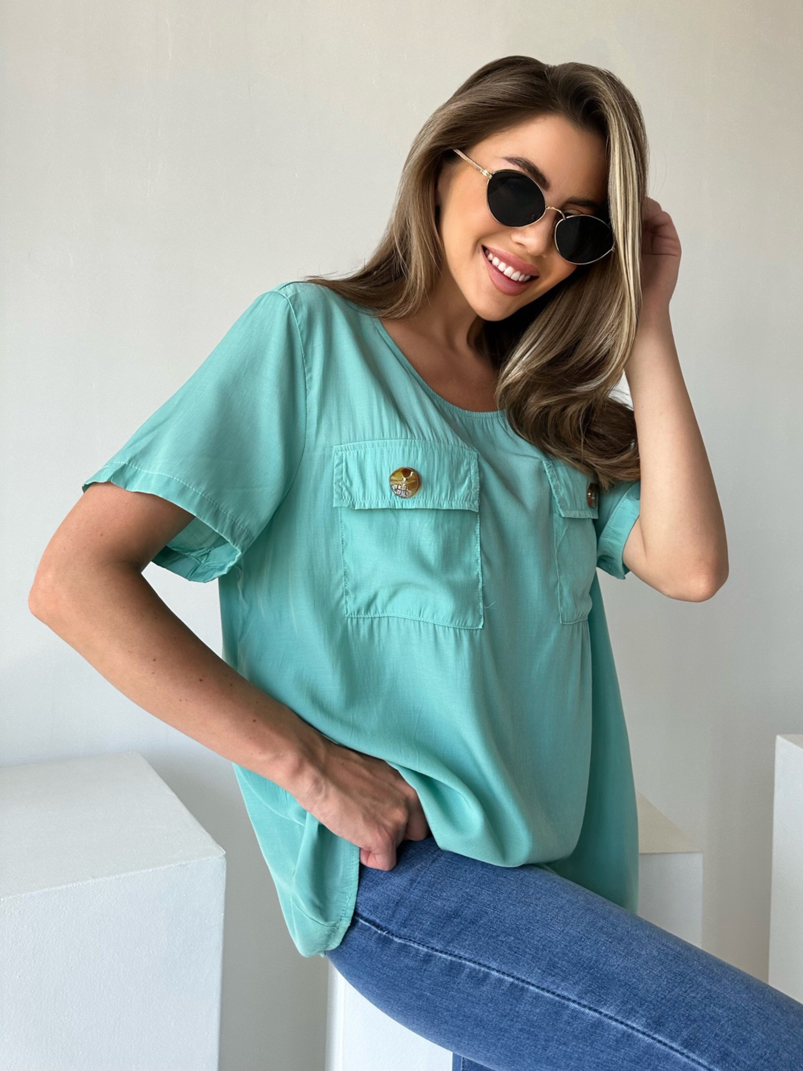 

ISSA Plus Блуза с коротким рукавом (WN20-493_turquoise) Женское, цвет - Бирюзовый, материал - Без подкладки